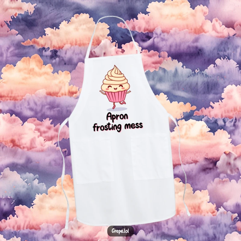Funny cupcake character apron, giggling and hopping with swirling frosting, ready for baking fun.