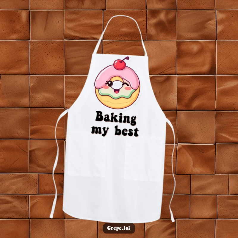 Funny Apron: A donut with a cherry on top winking, designed for kitchen use with a fun, sweet-themed touch.