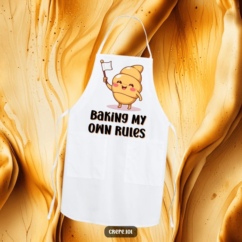 Funny croissant apron with a smiling, winking character waving a flag, ideal for kitchen humor and pastry lovers.