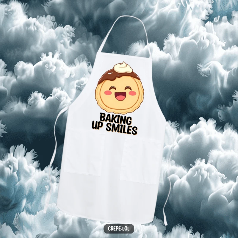 Funny apron featuring a happy chocolate crepe with a wide mouth giggling, with frosting accents for extra fun.
