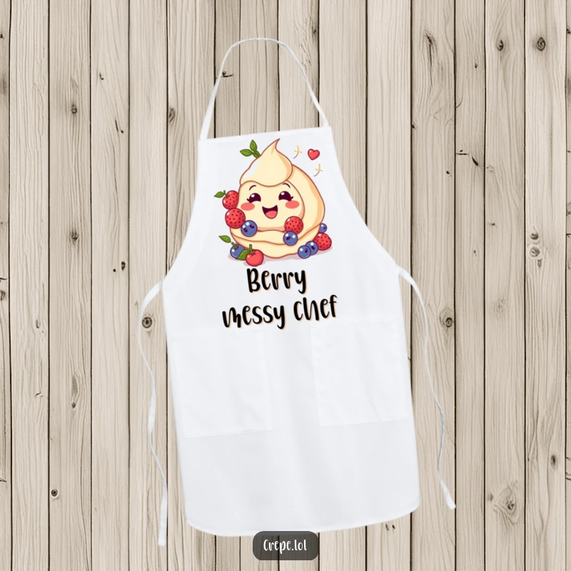 Funny apron illustrating a happy crepe with swirling berries, perfect for a cheerful cook.