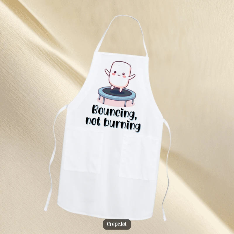 Funny smiling marshmallow character apron bouncing on a trampoline, a cheerful and practical kitchen accessory.