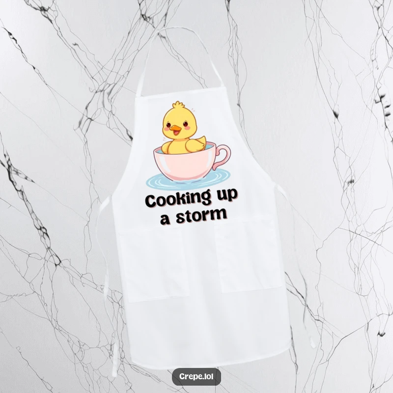 Funny duckling happily splashing water in a teacup, adorning a humorous and functional kitchen apron.