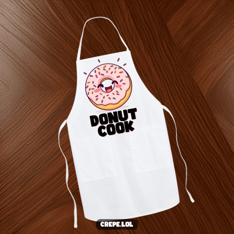 Funny donut sprinkles apron showing a happy donut with rhythmic bouncing sprinkles, perfect for bakers who love sweets and humor.