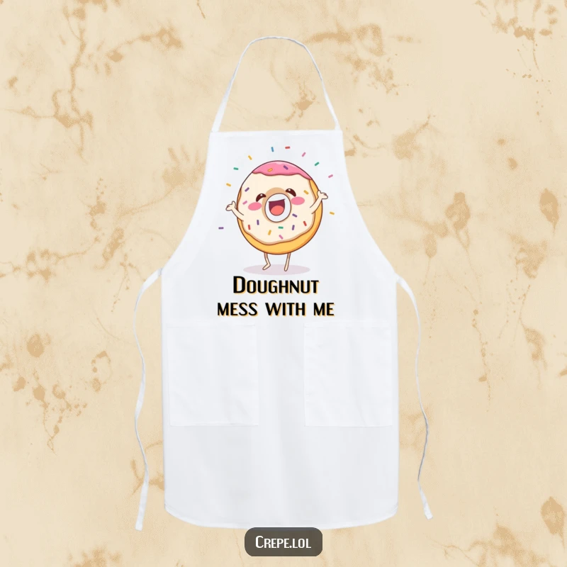 Funny donut apron with a gleeful dancing character and flying sprinkles, ideal for kitchen humor and baking enthusiasts.