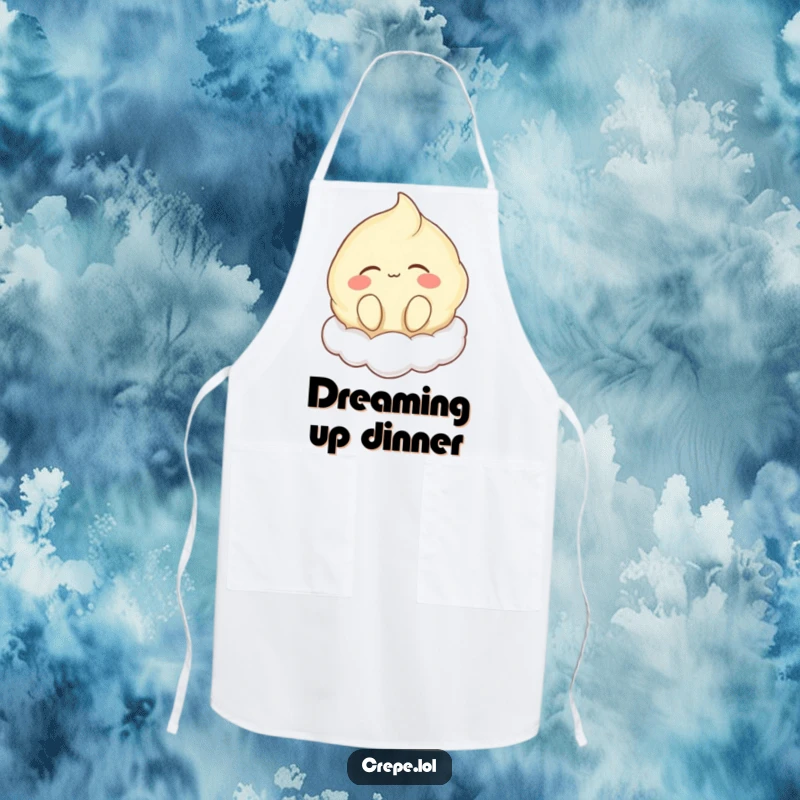 Funny apron featuring a happy crepe character floating on a cloud, eyes closed and humming, bringing peace to the kitchen.