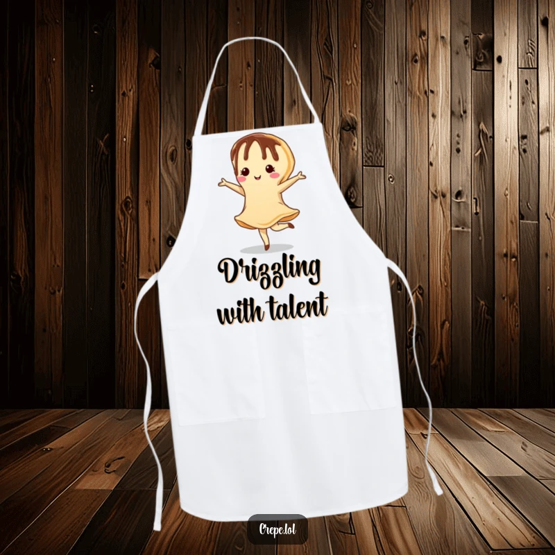 Funny apron showing a chocolate-drizzled crepe performing a charming pirouette, ideal for a stylish and humorous cooking session.