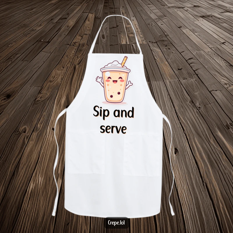 Funny bubble tea character apron, happily waving with its straw, ready for cheerful service.