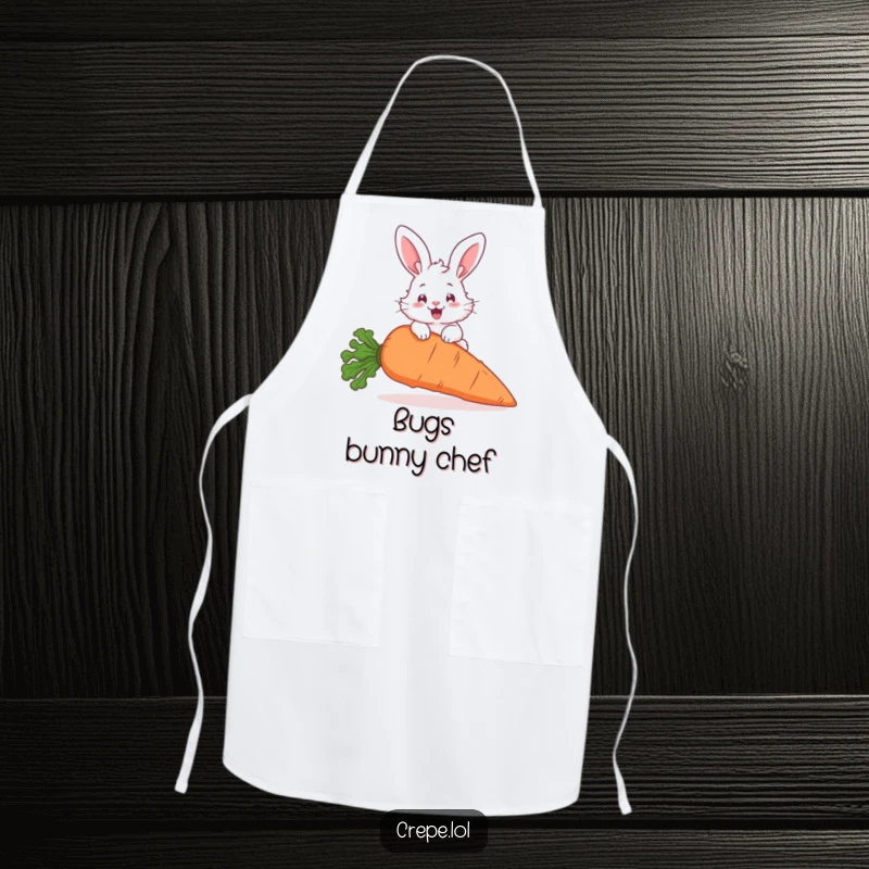 Funny fluffy bunny jumping over a giant carrot, adorning a humorous and functional kitchen apron.