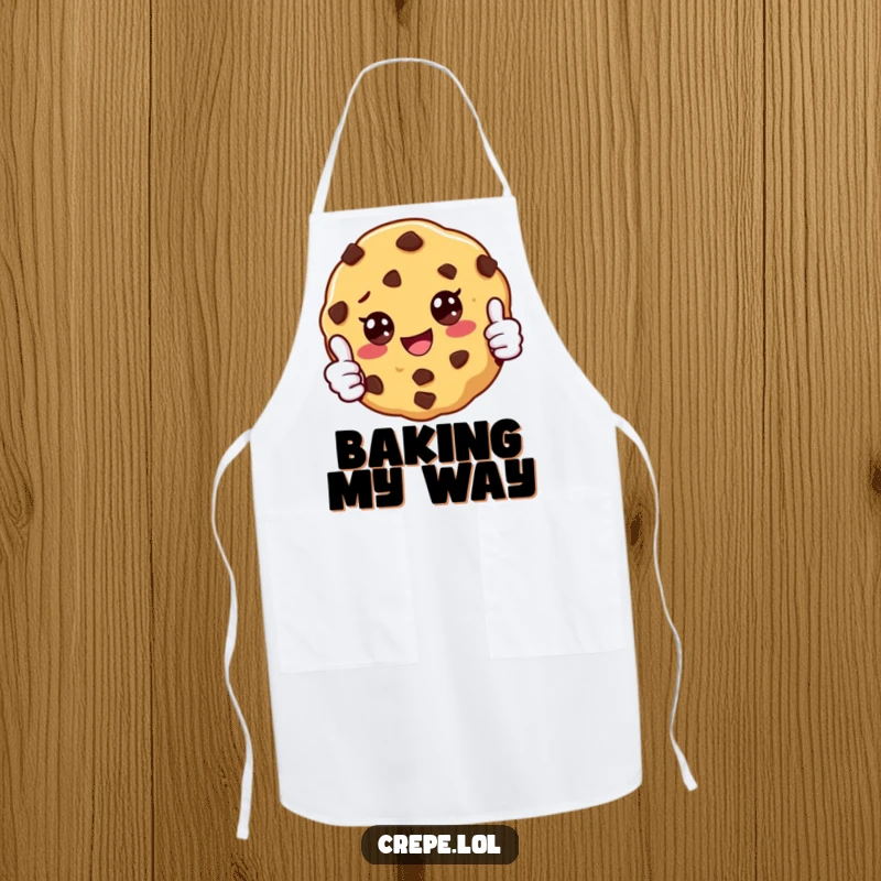 Funny kitchen apron with a smiling chocolate chip cookie giving a thumbs up, perfect for chefs and home bakers, a great gift.