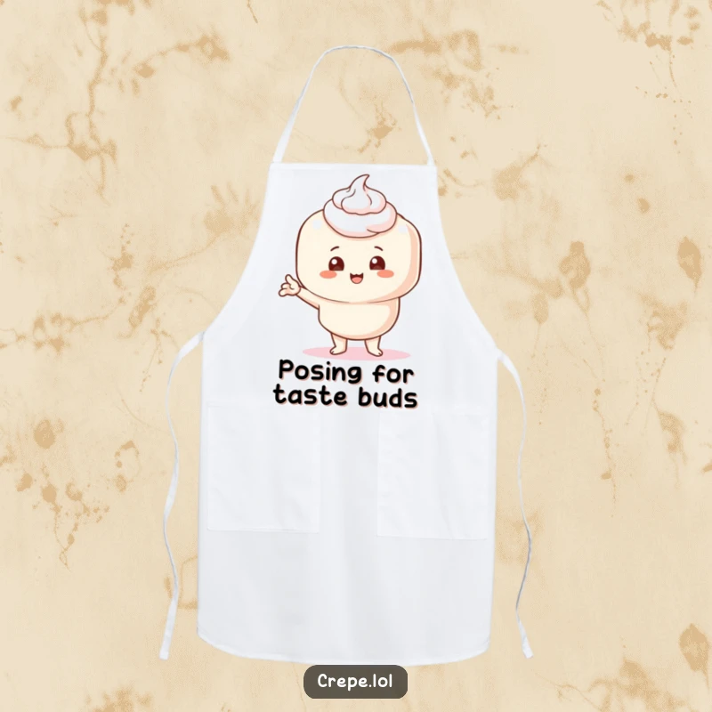 Funny apron showing a crepe with cream, striking a ridiculous comical pose, perfect for a humorous cooking experience.