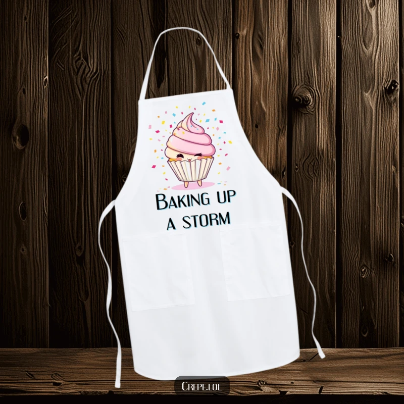 Funny cupcake character apron, winking and blowing colorful confetti, a festive and humorous kitchen wear.