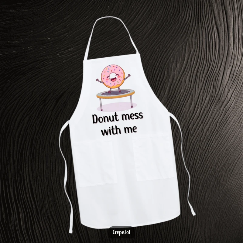 Funny donut with sprinkles bouncing on a trampoline, a humorous apron for kitchen use.