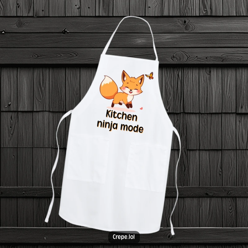 Funny fox with a bushy tail playfully chasing a butterfly, adorning a humorous and functional kitchen apron.