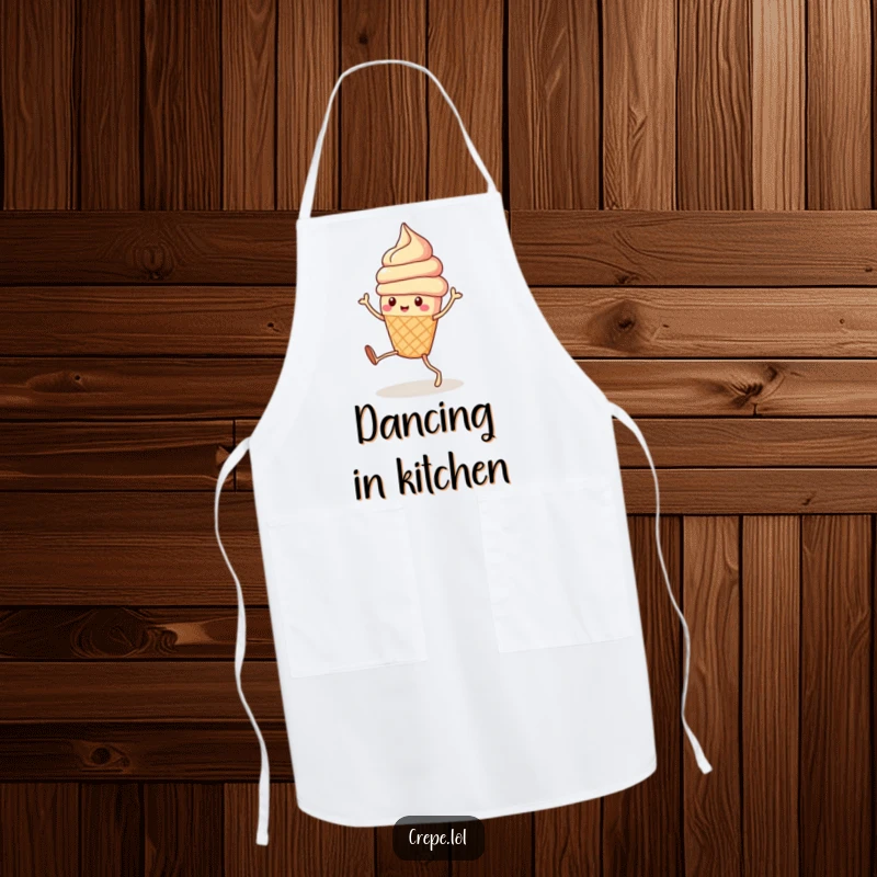 Funny cute ice cream cone with legs doing a silly dance, featured on a practical and humorous cooking apron.