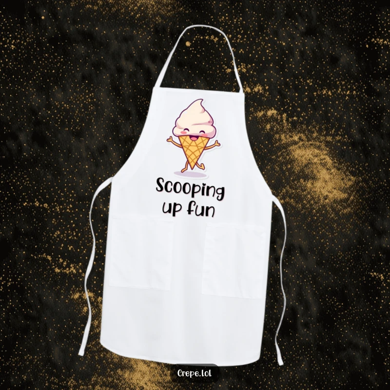Funny Ice Cream Dance Apron showing a grinning ice cream cone happily dancing, adding fun to culinary creations.