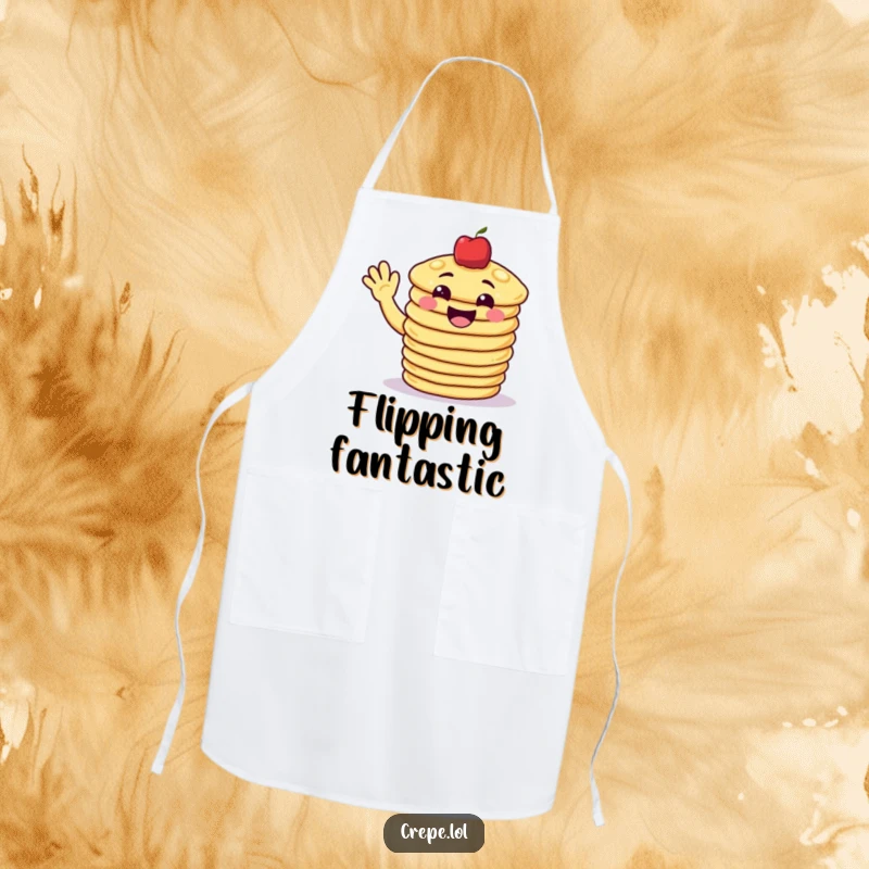 Funny pancake apron showing a grinning stack of pancakes waving hello, perfect for a cheerful cooking experience.
