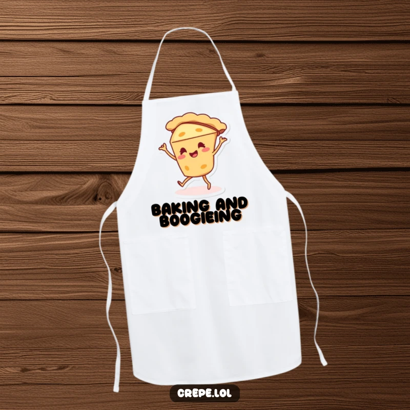 Funny pie character apron doing a silly dance, a cheerful and practical kitchen accessory.