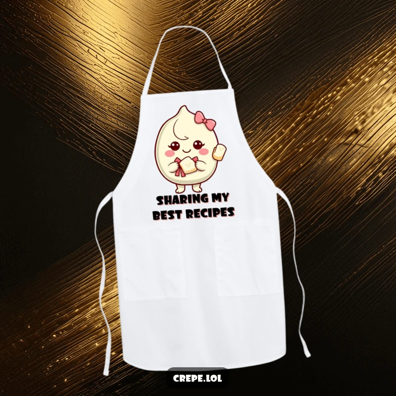 Funny apron with a smiling crepe character offering a piece of itself with a bow, perfect for a generous home chef.