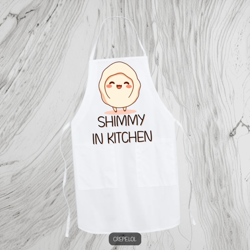 Funny apron illustrating a happy crepe shimmying with filling peeking out, perfect for a playful cook.