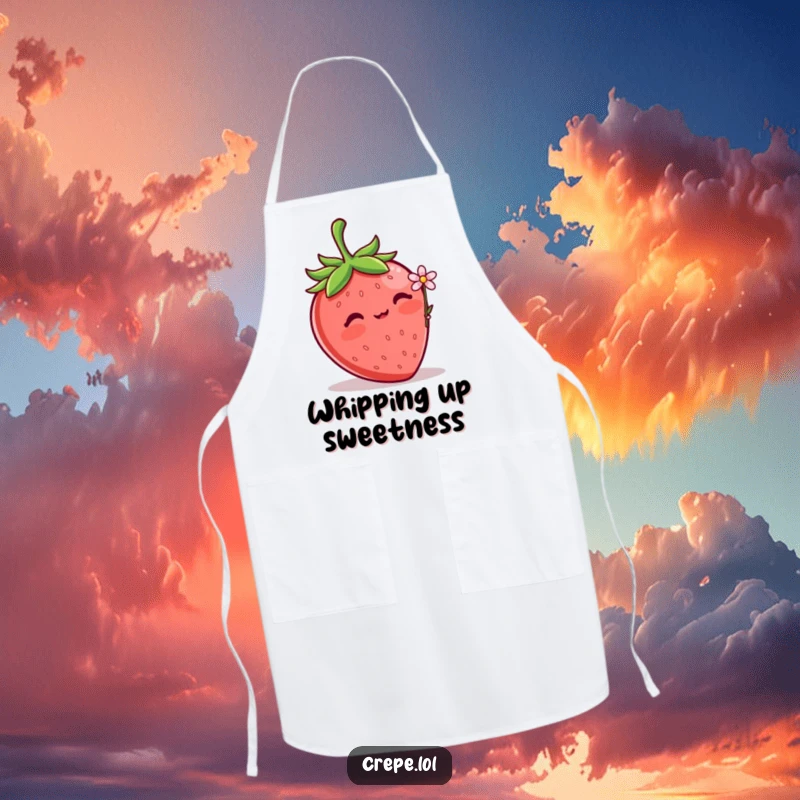 Funny Strawberry Flower Apron showing a blushing strawberry offering a small flower, adding sweetness to kitchen tasks.