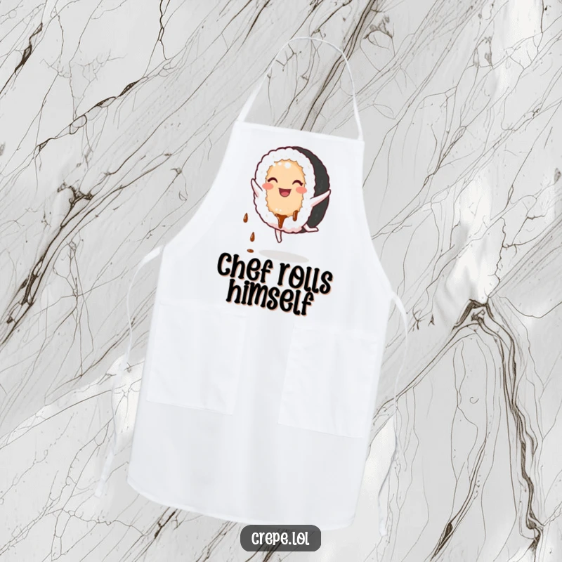 Funny Sushi Apron: A smiling sushi roll doing a cartwheel, designed for kitchen comedy.
