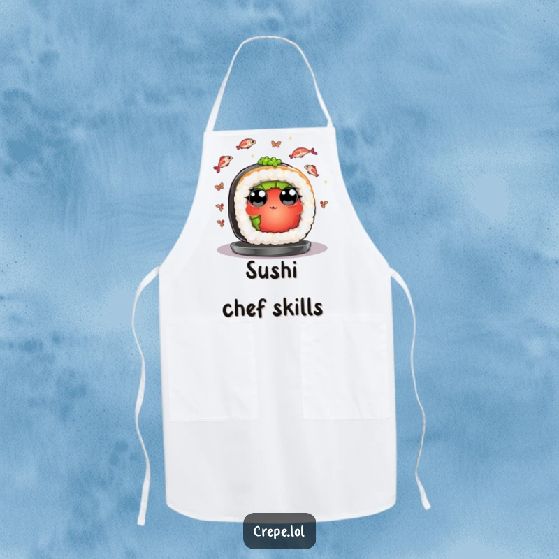 Funny apron showing a sushi piece juggling fish, designed for kitchen fun and culinary humor.