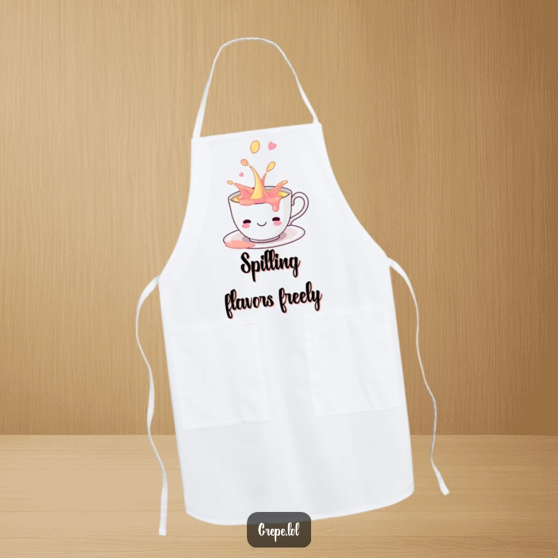 Funny smiling teacup playfully spilling sweet, colorful liquid, featured on a practical and humorous cooking apron.