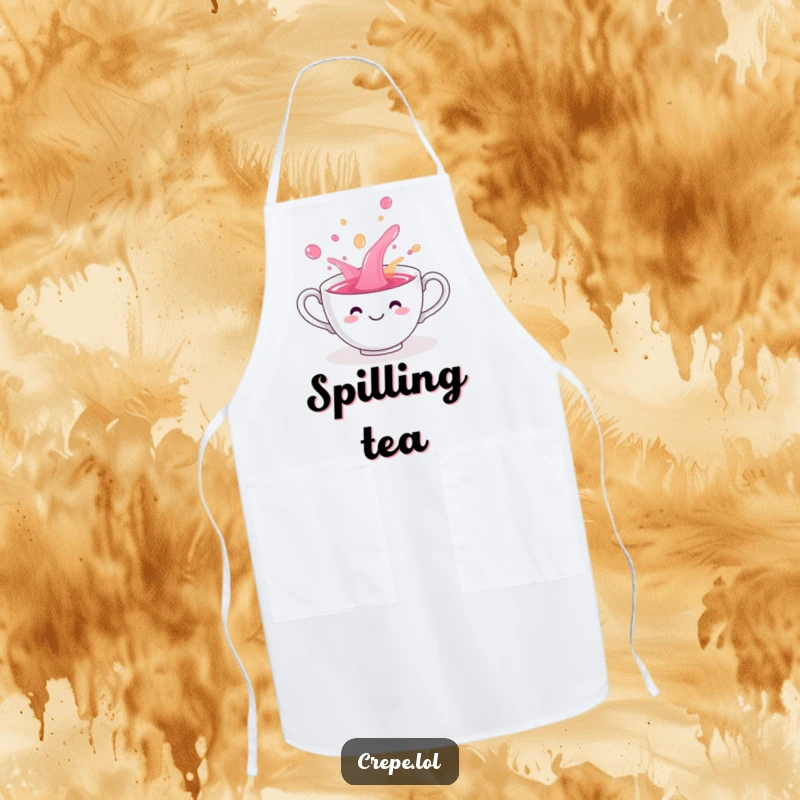 Funny teacup smiling and playfully spilling colorful liquid, a humorous apron for kitchen use.
