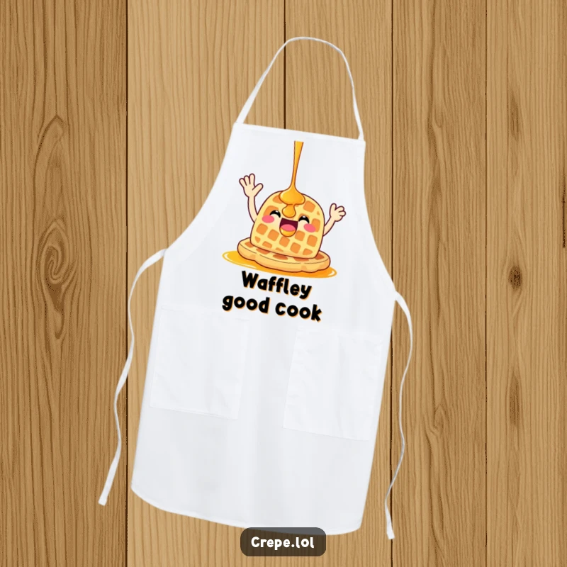 Funny happy waffle with syrup waving enthusiastically, featured on a practical and humorous cooking apron.