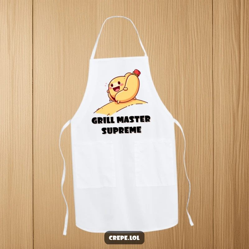 Funny apron showing a smiling hot dog rolling downhill with glee, designed for kitchen fun and humorous grilling.