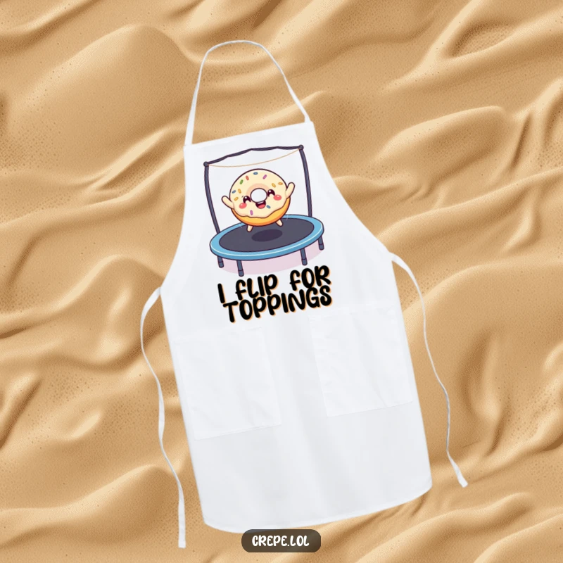 Funny donut with sprinkles mid-bounce on a trampoline, featured on a practical and humorous cooking apron.