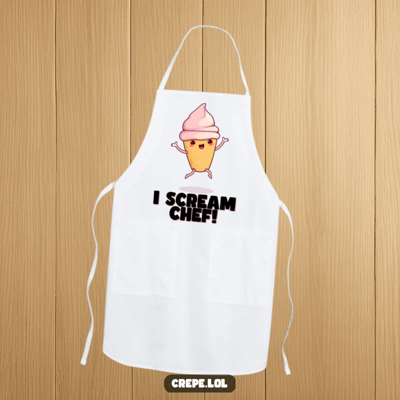 Funny ice cream cone with legs doing a silly dance, a humorous apron for kitchen use.