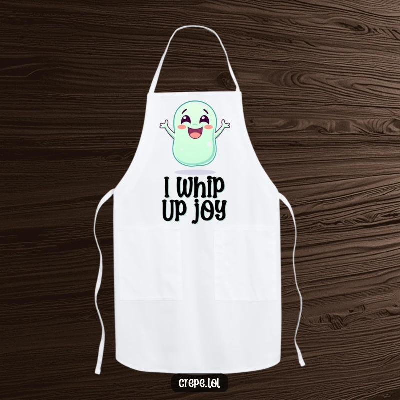 Funny wide-eyed jellybean leaping with joy, featured on a practical and humorous cooking apron.