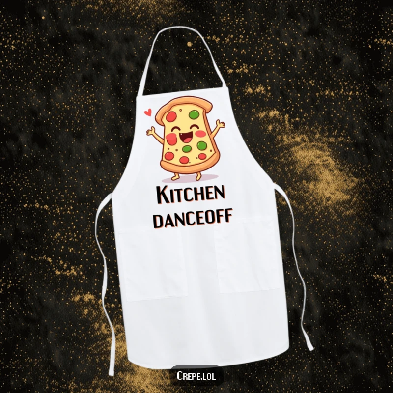 Funny pizza apron showing an ecstatic slice of pizza doing a lively jig, perfect for a humorous cooking experience.