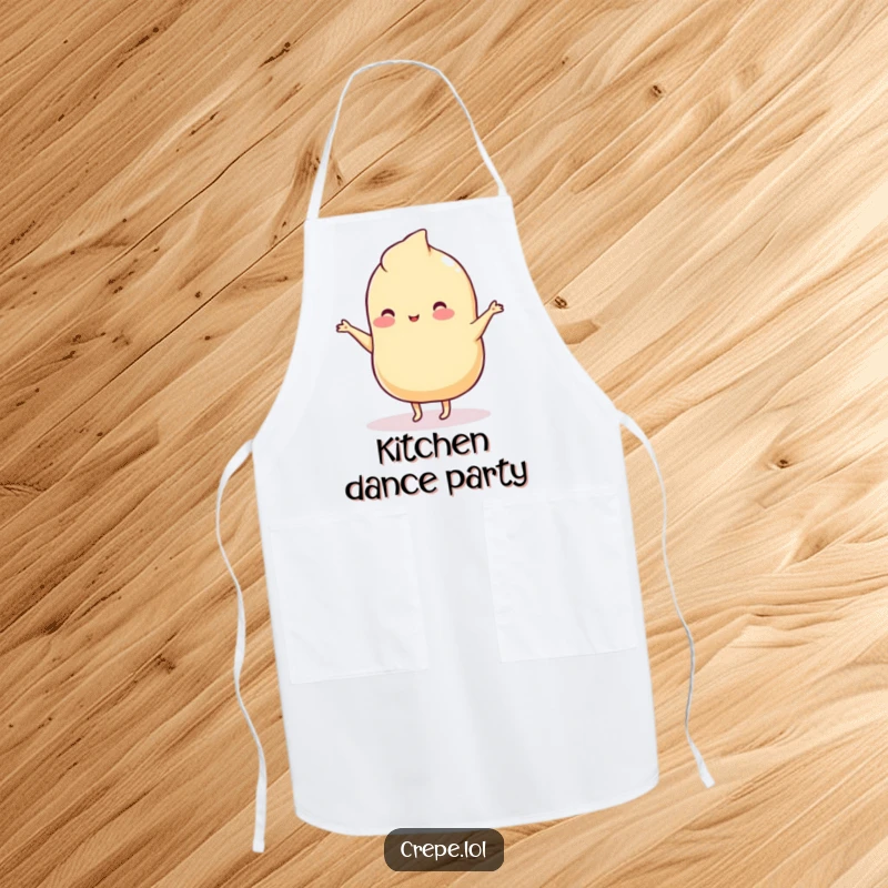 Funny apron featuring a wobbly plain crepe with tiny legs doing a silly dance, perfect for a fun cooking experience.
