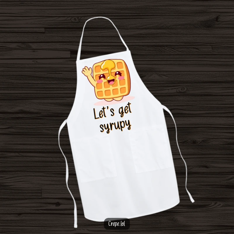 Funny waffle with syrup waving enthusiastically, a humorous apron for kitchen use.