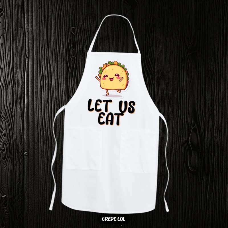 Funny Apron: A cheerful taco with legs dancing, designed for kitchen use with a fun, fiesta-themed touch.