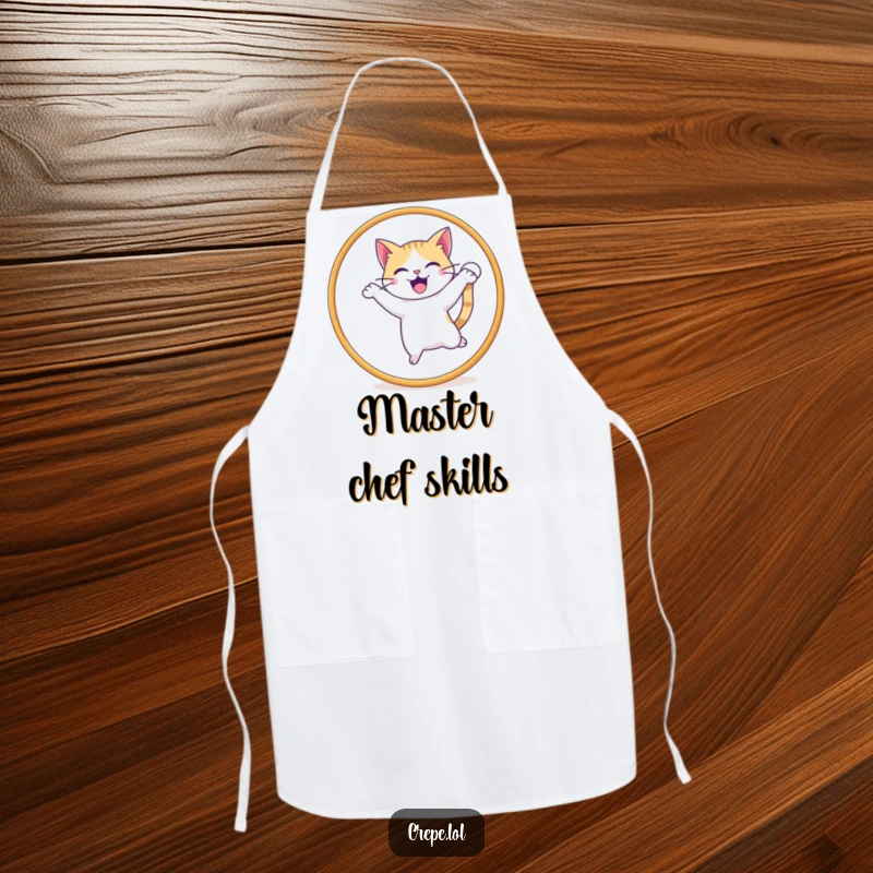 Funny apron for the kitchen, showing a happy cat with wagging tail jumping through a hoop, adding playful charm.