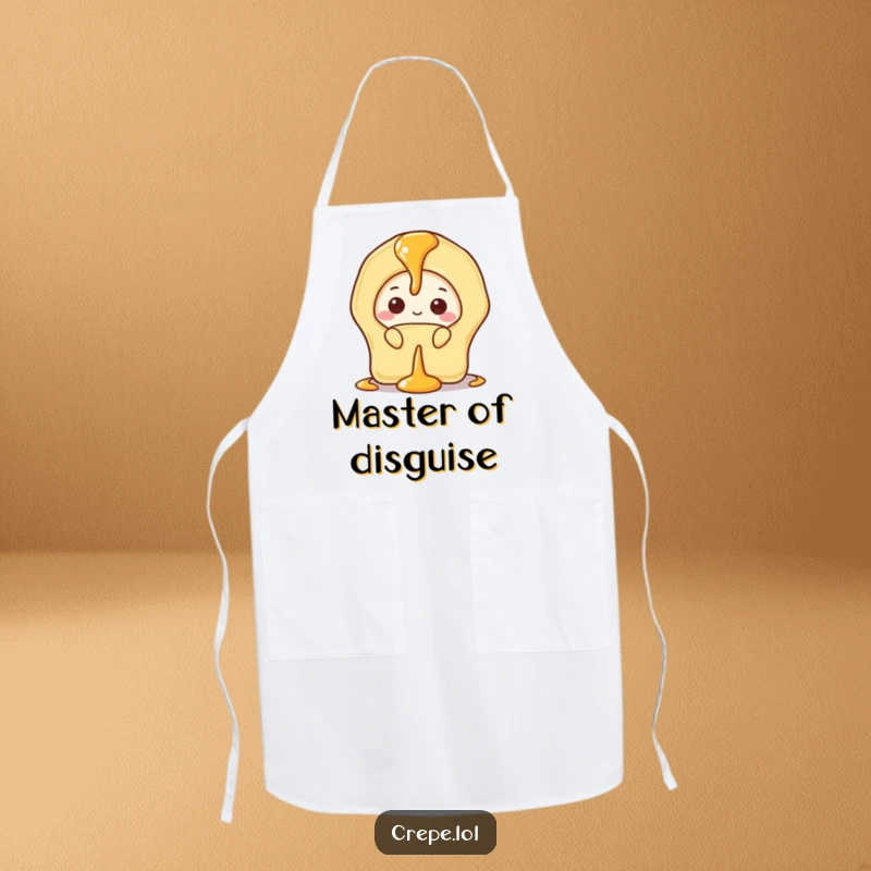 Funny apron featuring a shy banana crepe peeking from behind a drizzle of syrup, perfect for gentle cooking.