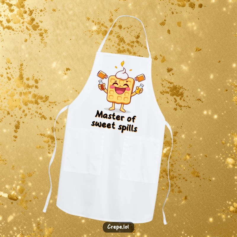 Funny waffle character apron, happily juggling syrup bottles, ideal for a humorous cooking experience.