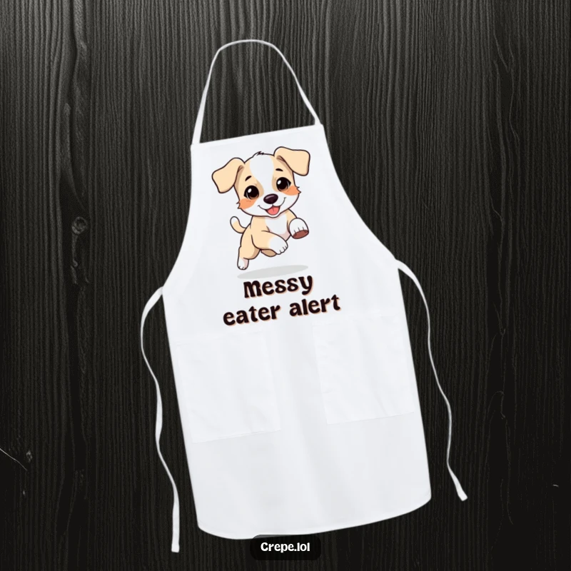 Funny apron for cooking, showing a happy bouncing puppy with floppy ears chasing its tail, adding playful charm.