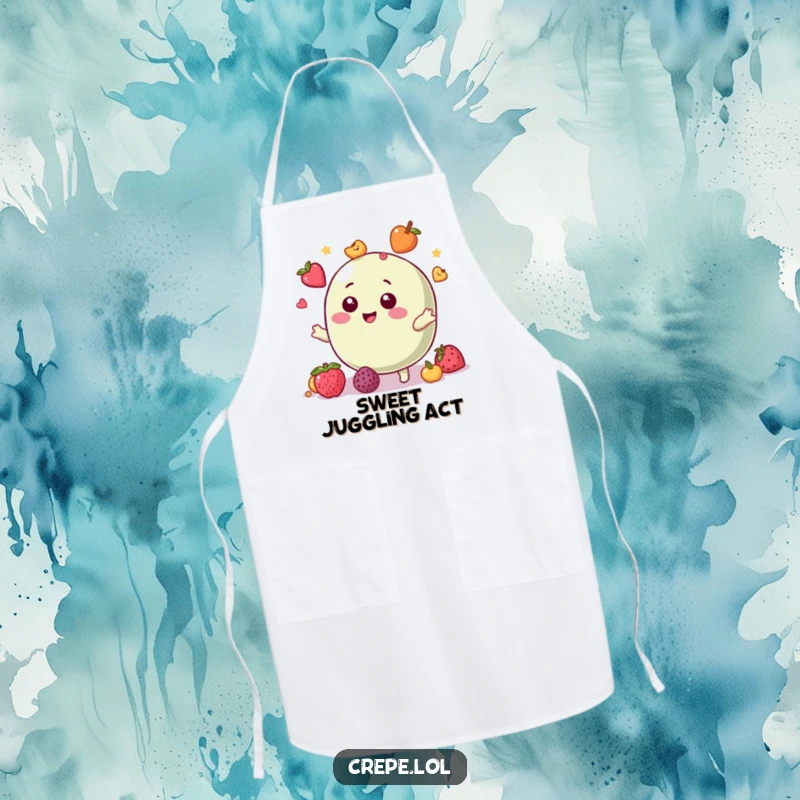 Funny apron showing a giggling macaron character juggling small fruit toppings while baking, full of kitchen cheer.