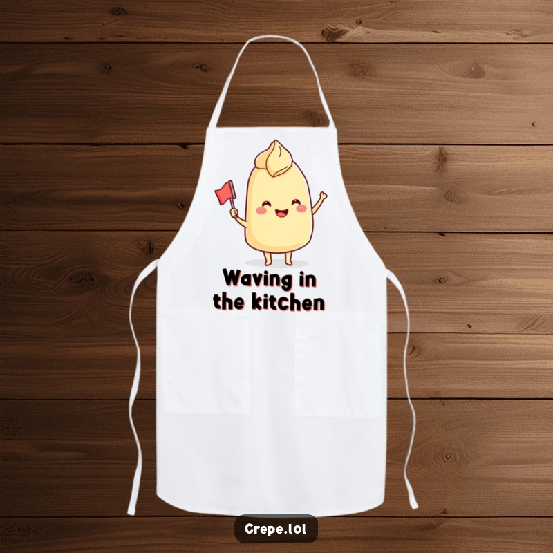 Funny Apron: A smiling crepe character waving a tiny flag, bringing a cheerful and humorous vibe to kitchen tasks.