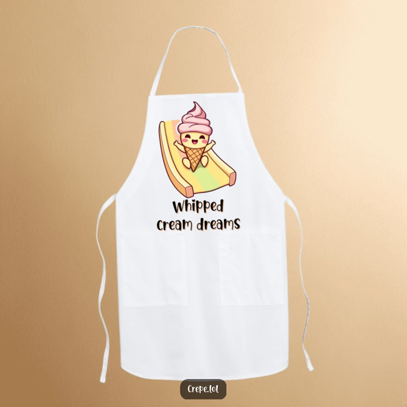 Funny ice cream apron with a cheerful cone character sliding down a rainbow, ideal for kitchen humor and summer lovers.