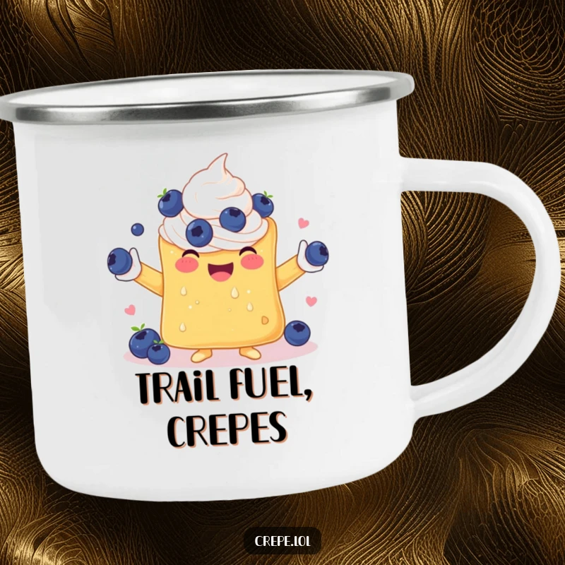 Funny camping mug featuring a happy crepe with whipped cream arms juggling blueberries, ideal for outdoor fun.