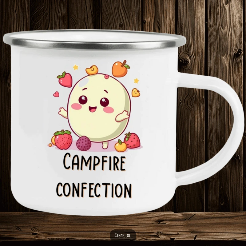 Funny camping mug showing a giggling macaron character juggling small fruit toppings, perfect for outdoor treats.