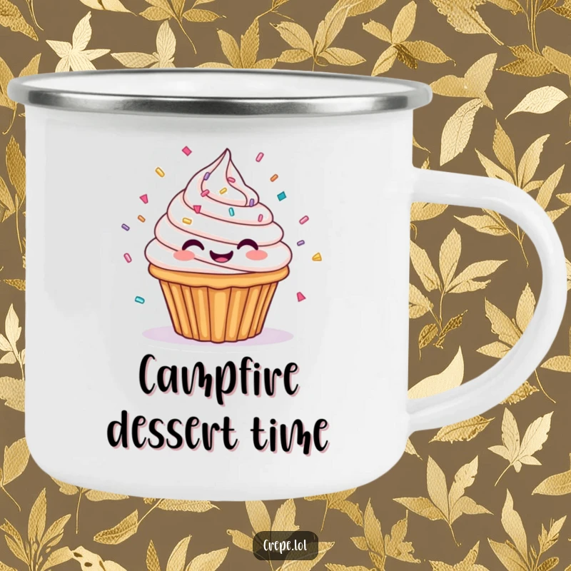 Funny camping mug showing a spinning cupcake with frosting and sprinkles, perfect for outdoor sweet treats and humor.