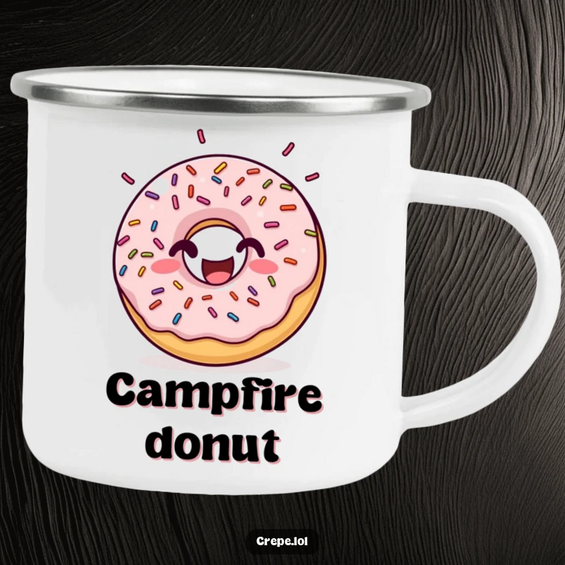 Funny donut sprinkles camping mug, showing a happy donut with rhythmic bouncing sprinkles, designed for outdoor fun and humorous sips.
