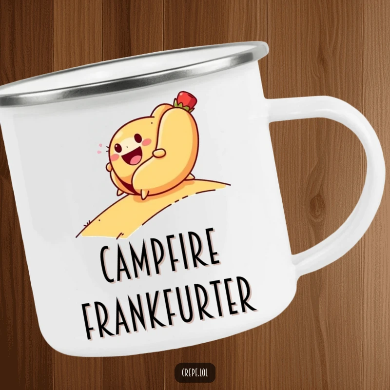 Funny camping mug showing a smiling hot dog rolling downhill with glee, perfect for outdoor meals and humorous vibes.